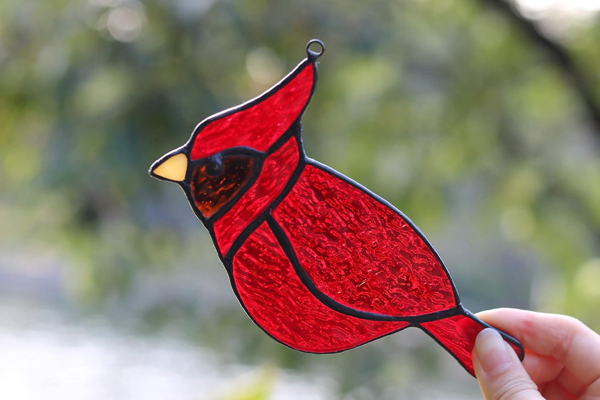 BOXCASA Red Cardinal Suncatcher for Window, Handmade Stained Glass Hanging, Memorial Gift for Loss