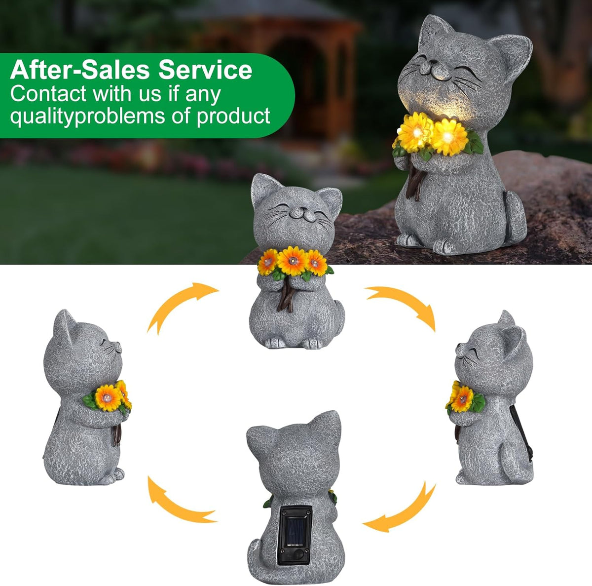 Solar Garden Statues Cat with Daisy and LED Lights Birthday Gifts for Women Mom Grandma Solar
