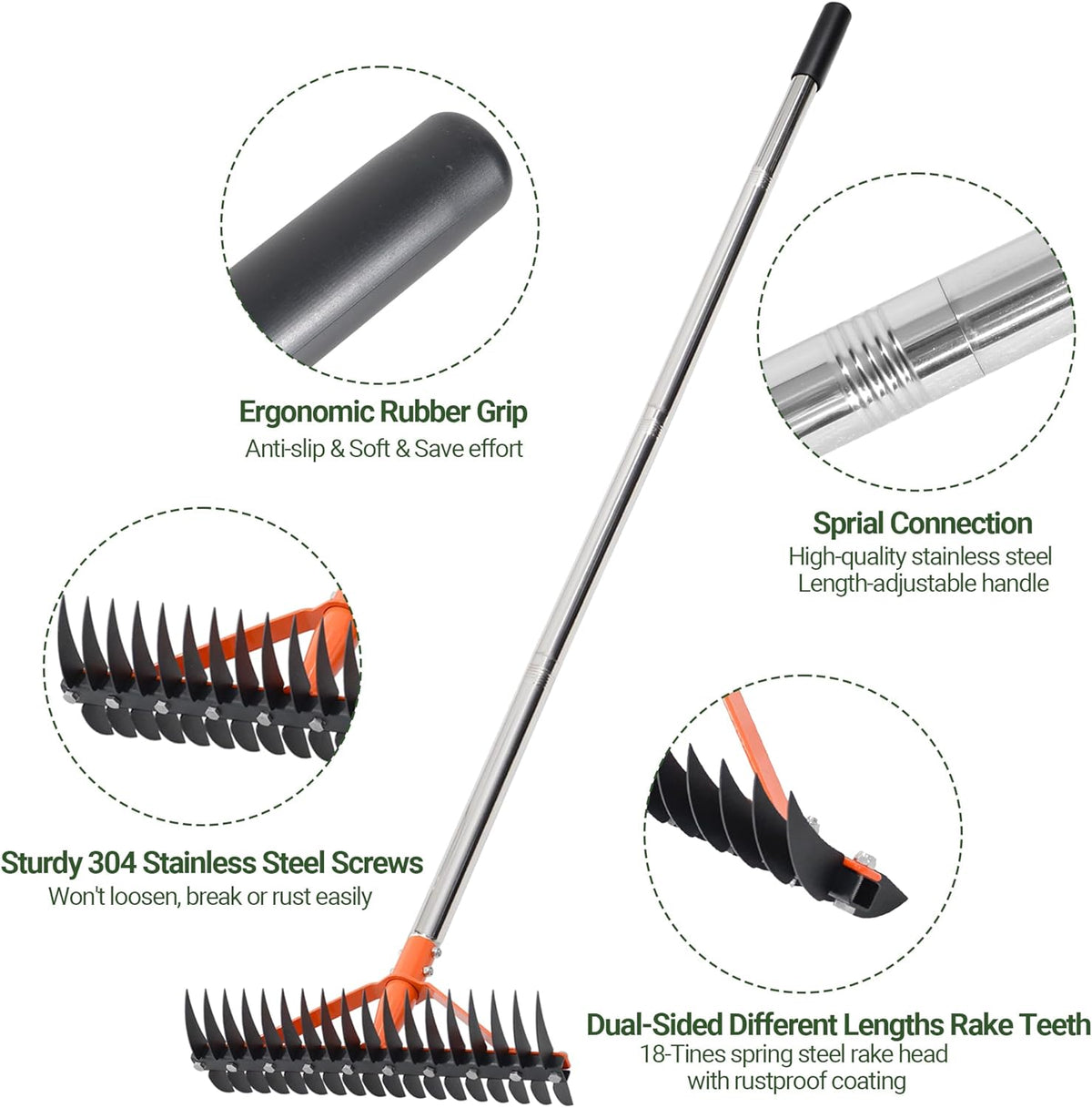 Thatch Rake for Lawns 18 Sharp Tempered Spring Steel Tines Dethatcher Rake Heavy Duty Dethatching