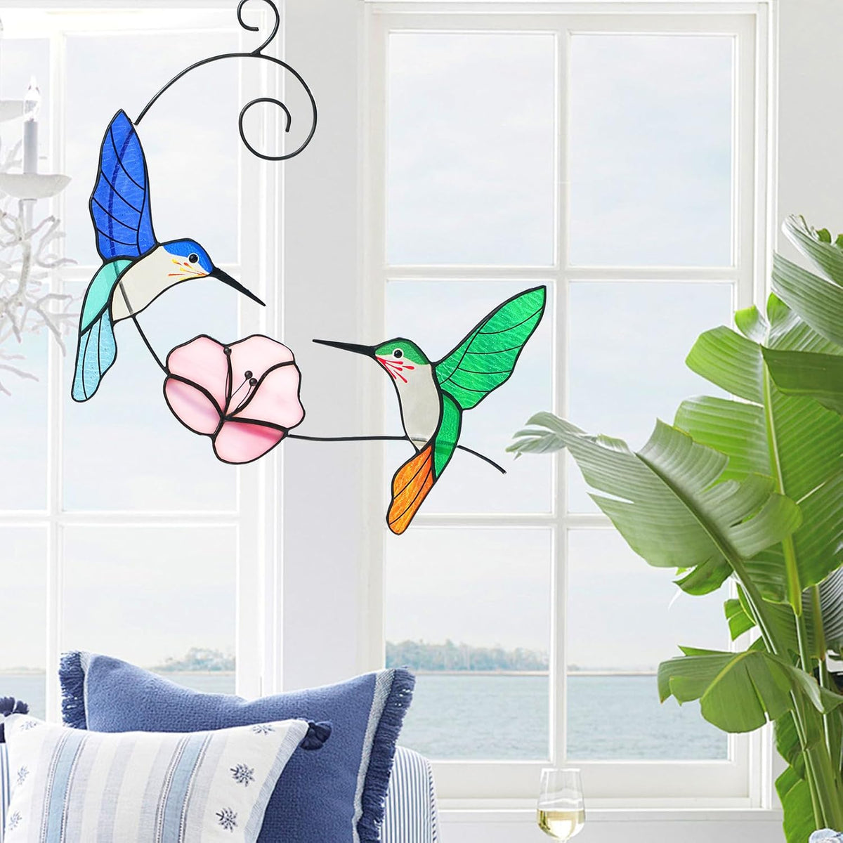 Hummingbird Stained Glass Window Hanging, Handmade Humming Bird with Flower Suncatcher, Sun Catcher