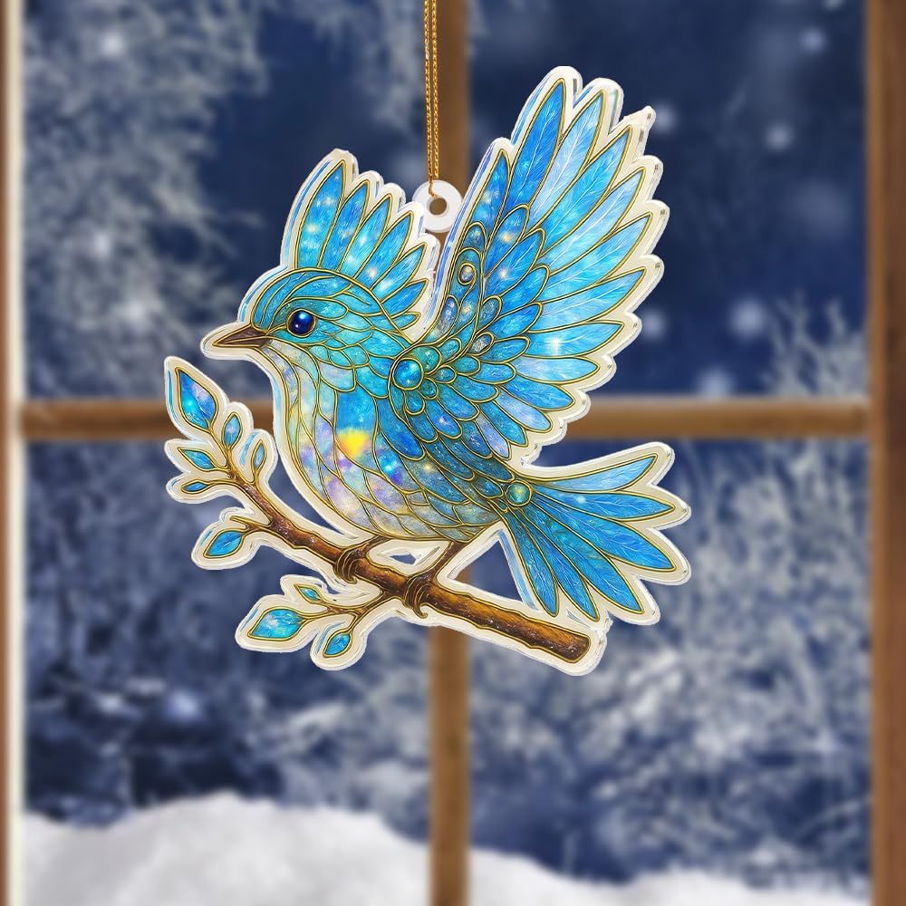 Blue Bird Stained Glass Ornament Acrylic Window Hanging Suncatcher – Bird Lover Gifts, Wildlife