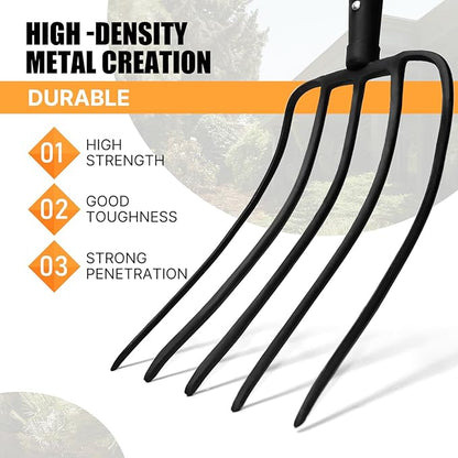 5-Tine Pitchfork for Gardening, 57-Inch Heavy Duty Garden Fork with Orange Fiberglass Handle for