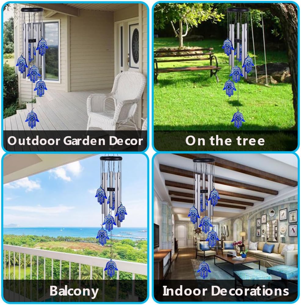 Blue Evil Eye Hamsa Hand Wind Chimes Outdoor Decoration, Hand of Fatima Windcatcher, Evil Eye Wind