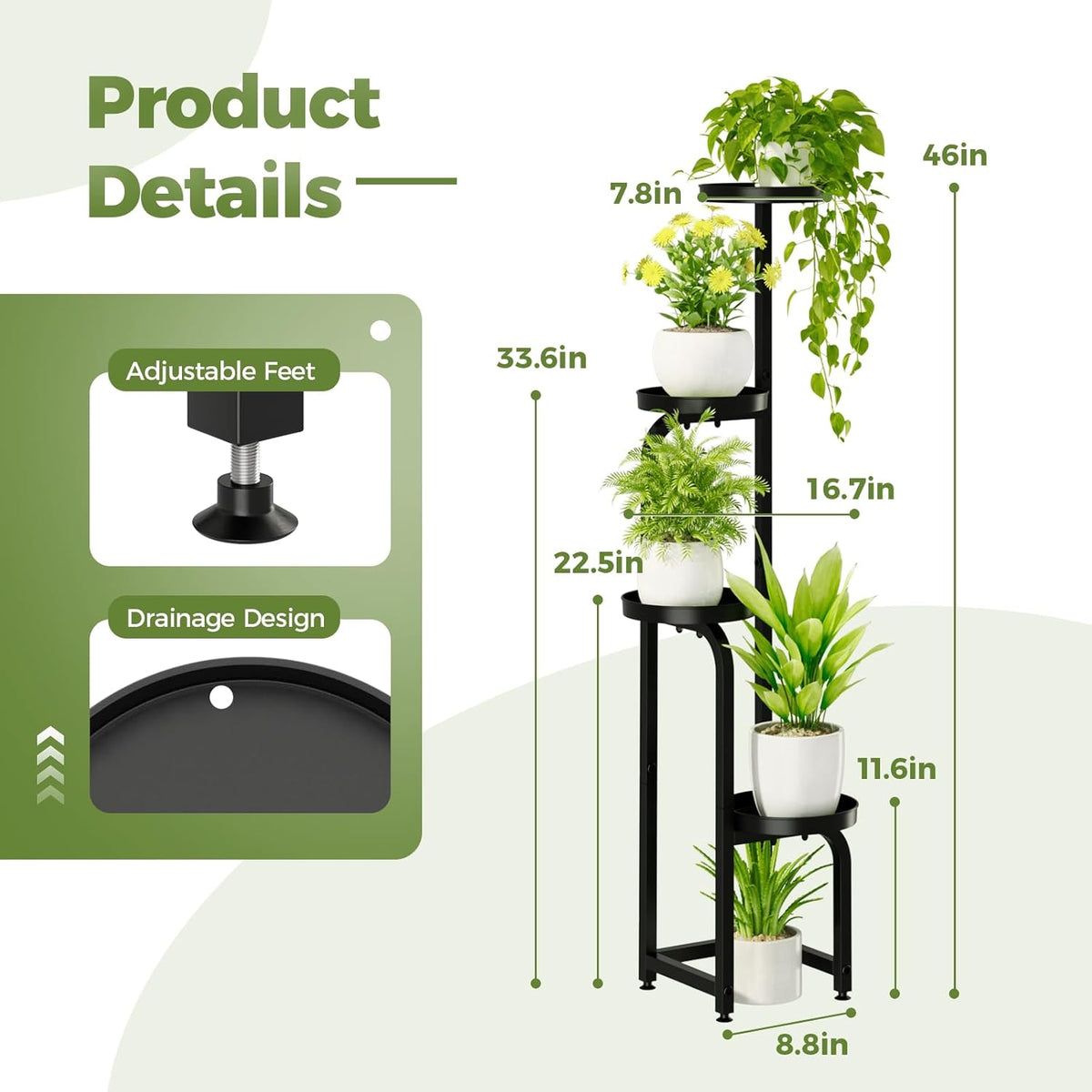 Bamworld Tall Plant Stand Indoor Outdoor, Corner Metal Flower Pot Stands for Multiple Plants, 4