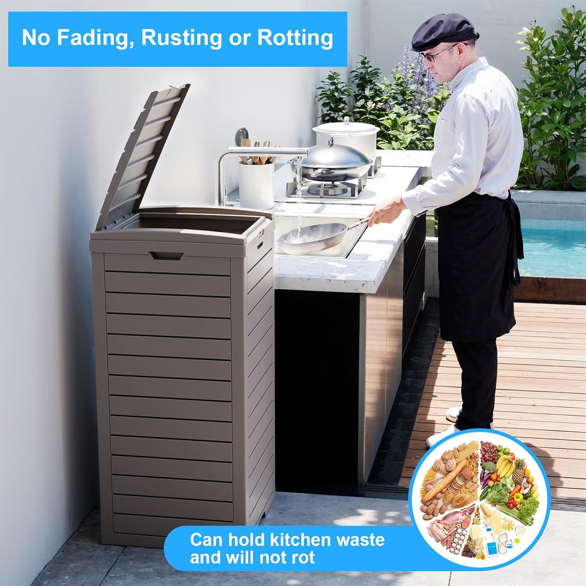 Outdoor Trash Can with Lid, Outdoor Trash Bin & Pull-Out Liquid Drawer, Dual Lid Closure Design