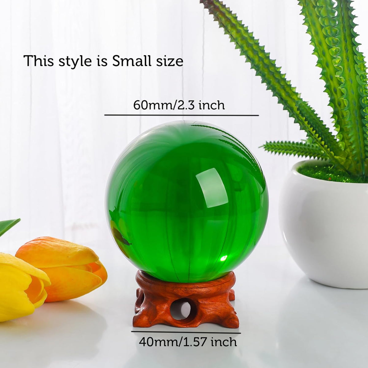 Small Green Crystal Ball 60mm/2.3 inch with Rose Wooden Stand and Gift Box for lensball