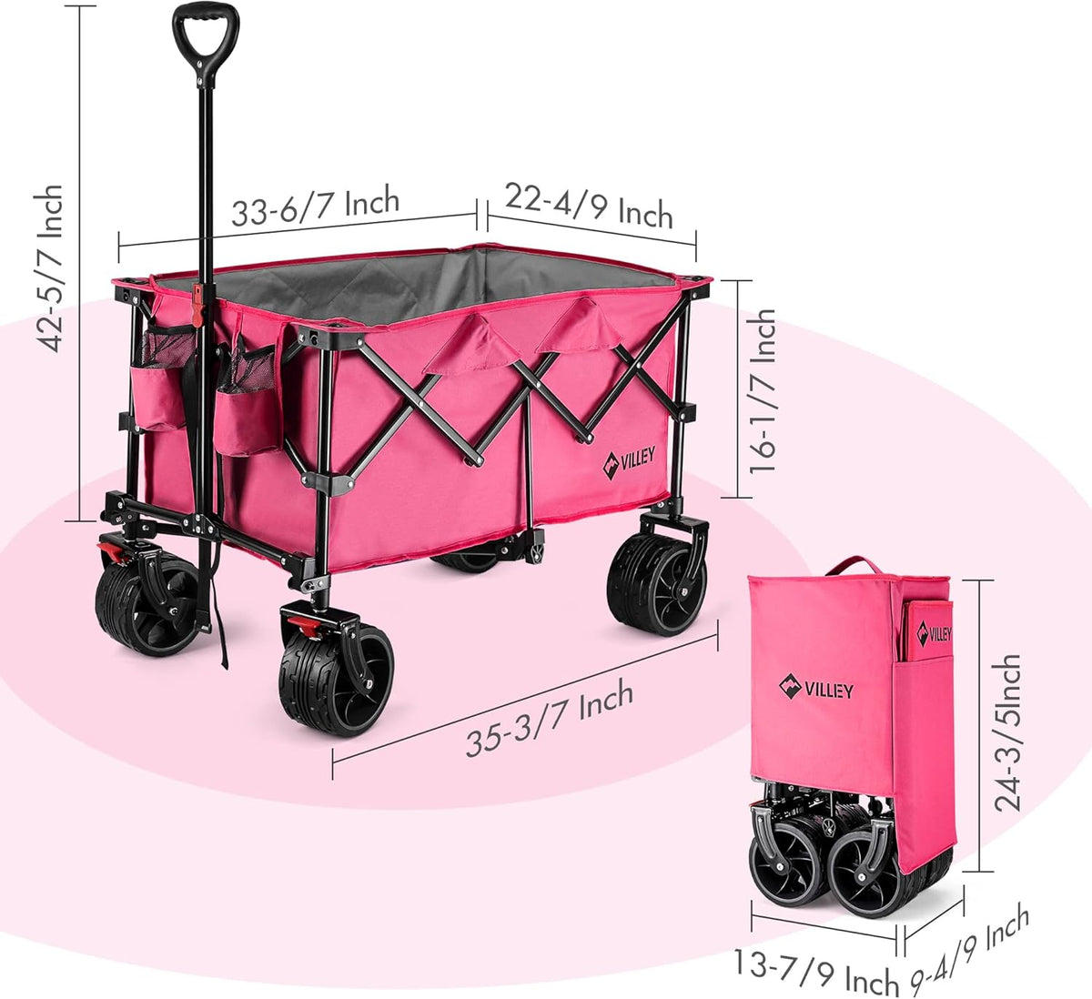 VILLEY Collapsible Folding Wagon with Big Wheels, Enlarged 225lbs Capacity, All Terrain Wagons