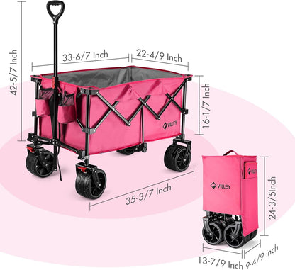 VILLEY Collapsible Folding Wagon with Big Wheels, Enlarged 225lbs Capacity, All Terrain Wagons