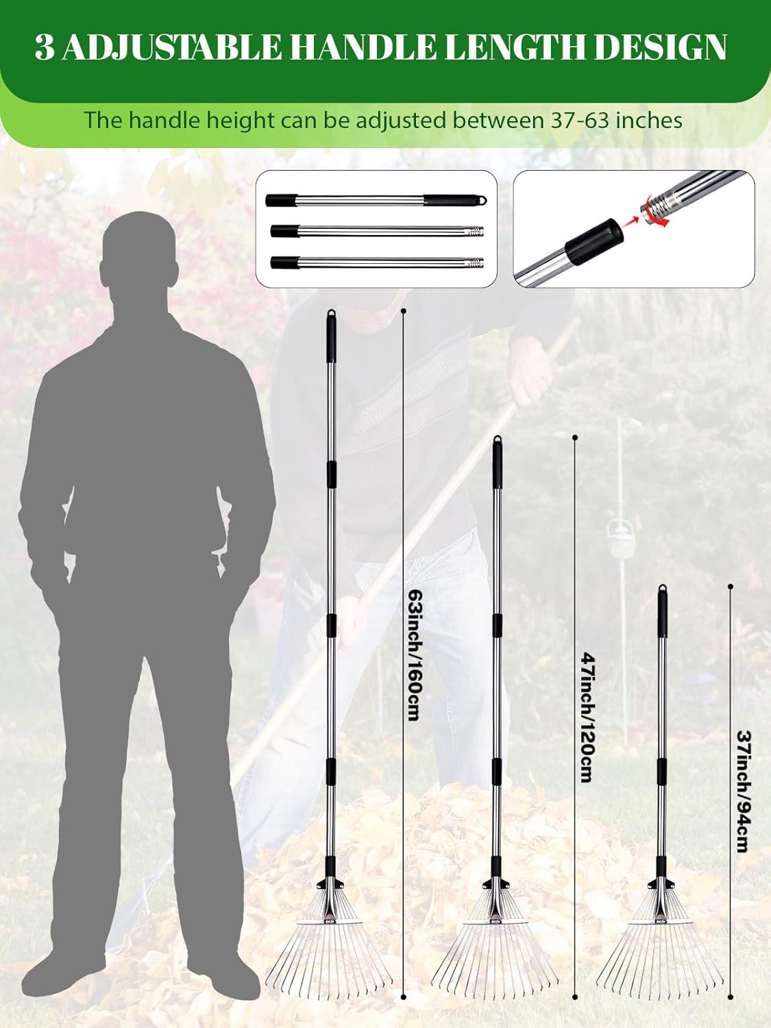 Adjustable Metal Leaf Rake Set Garden Rake for Leaves Long Handle 37"-63" Expandable Head Gardening