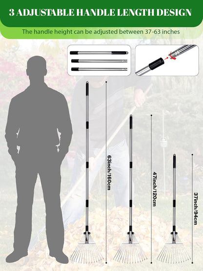 Adjustable Metal Leaf Rake Set Garden Rake for Leaves Long Handle 37"-63" Expandable Head Gardening