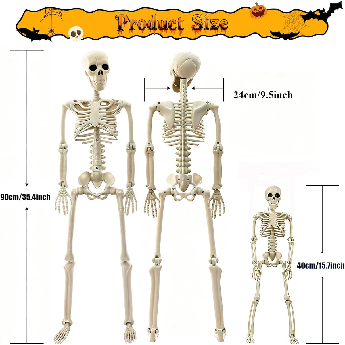 Skeleton Halloween Decorations Outdoor Indoor - 1Pcs 36" 1Pcs 16" Posable Plastic Skeleton,3FT