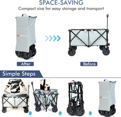 Goplus Collapsible Wagon, Folding Utility Wagon Cart w/Universal Wheels & Adjustable Handle & Cover