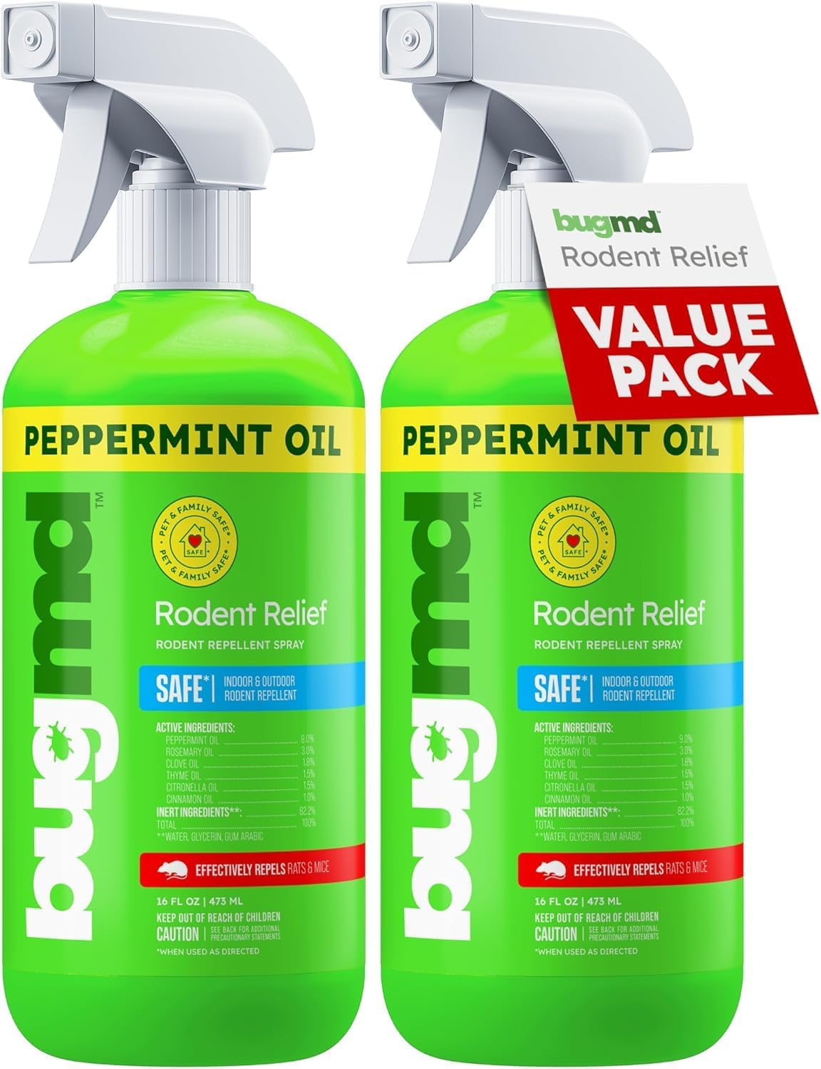 BugMD Peppermint Oil Spray for Rodents (2 Pack- 16oz) Mouse Repellent & Rodent Repellent Spray