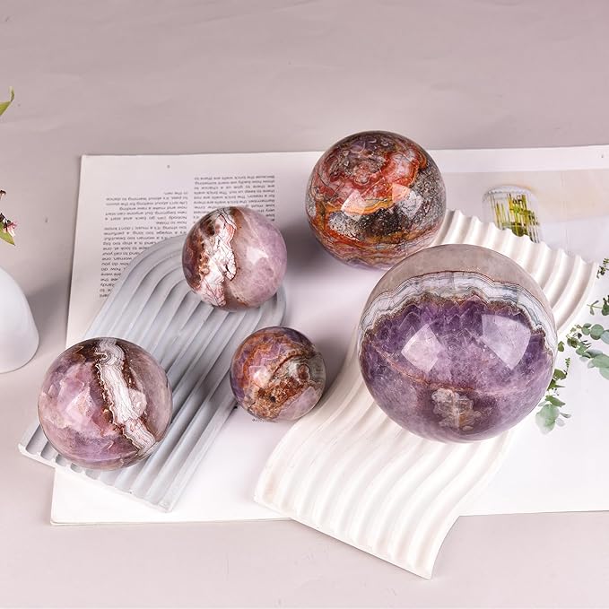 JIC Gem Amethyst Agate Crystal Ball with Wooden Stand Pink Healing Crystal Sphere Ball for Feng