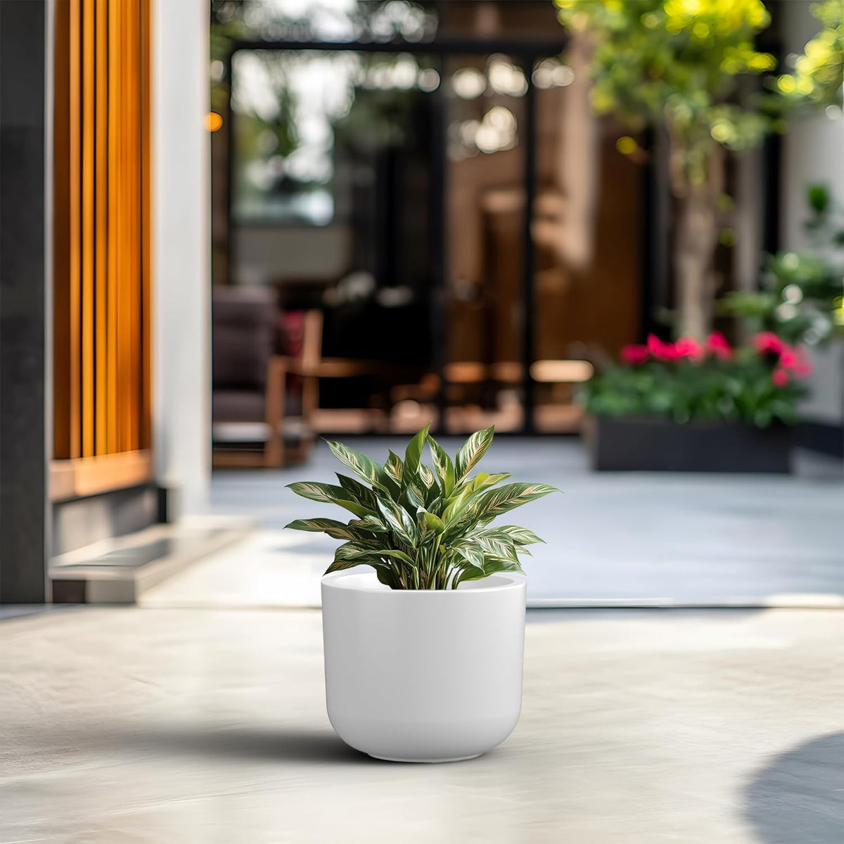 Kante Round Concrete Planter, 11 Inch Dia Classic Style Large Plant Pot with Drainage Hole for