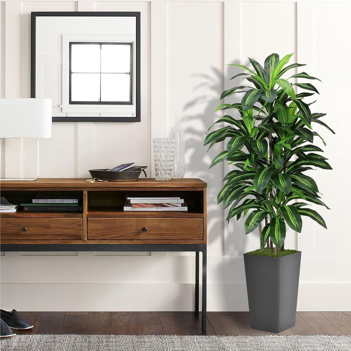 Artificial Dracaena Plant Indoor 5FT - Fake Tree with Gray Tall Planter - Faux Yucca Tree Tall Fake