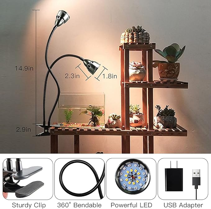 Juhefa Grow Light for Indoor Plants Growing, Gooseneck Clip-on Plant Lamp for Seedlings Succulents