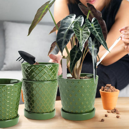 EFISPSS Ceramic Plant Pots, 5 Inch Planters with Drainage Holes and Ceramic Tray, Relief Design
