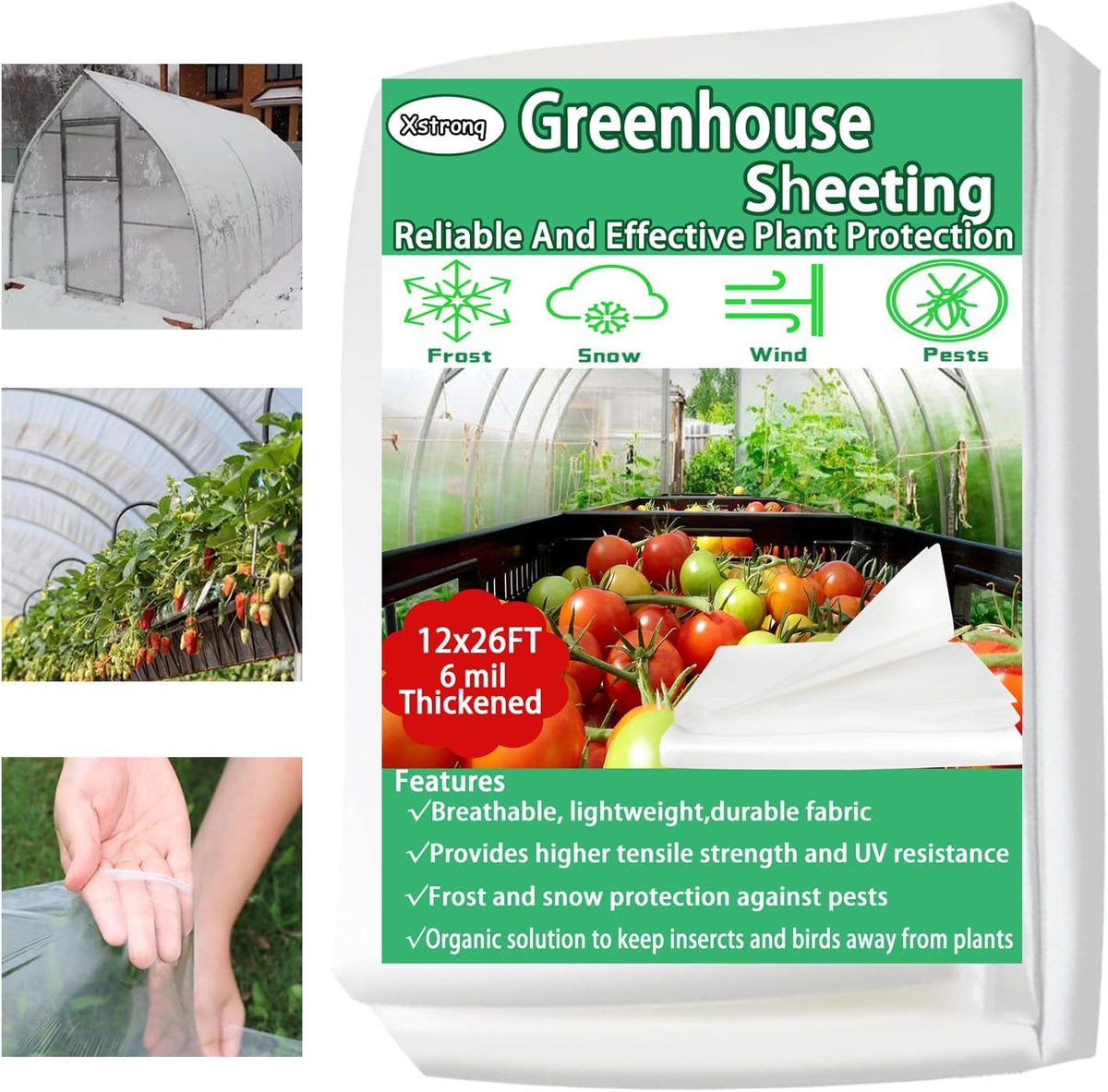 12FTx26FT Greenhouse Plastic Sheeting, 6 Mil Thick Clear Polyethylene Film, Waterproof Wind Frost