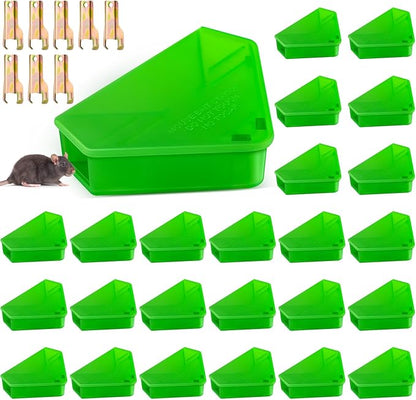 Qualirey 24 Pcs Mice Station with Key Triangle Bait Station Reusable Rodent Trap Bait Box, Keeps