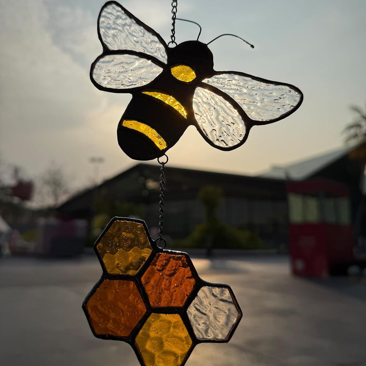 Handmade Honeybee Honeycomb Suncatcher Stained Glass Window Hangings Ornament Real Sun Catchers