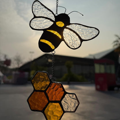 Handmade Honeybee Honeycomb Suncatcher Stained Glass Window Hangings Ornament Real Sun Catchers