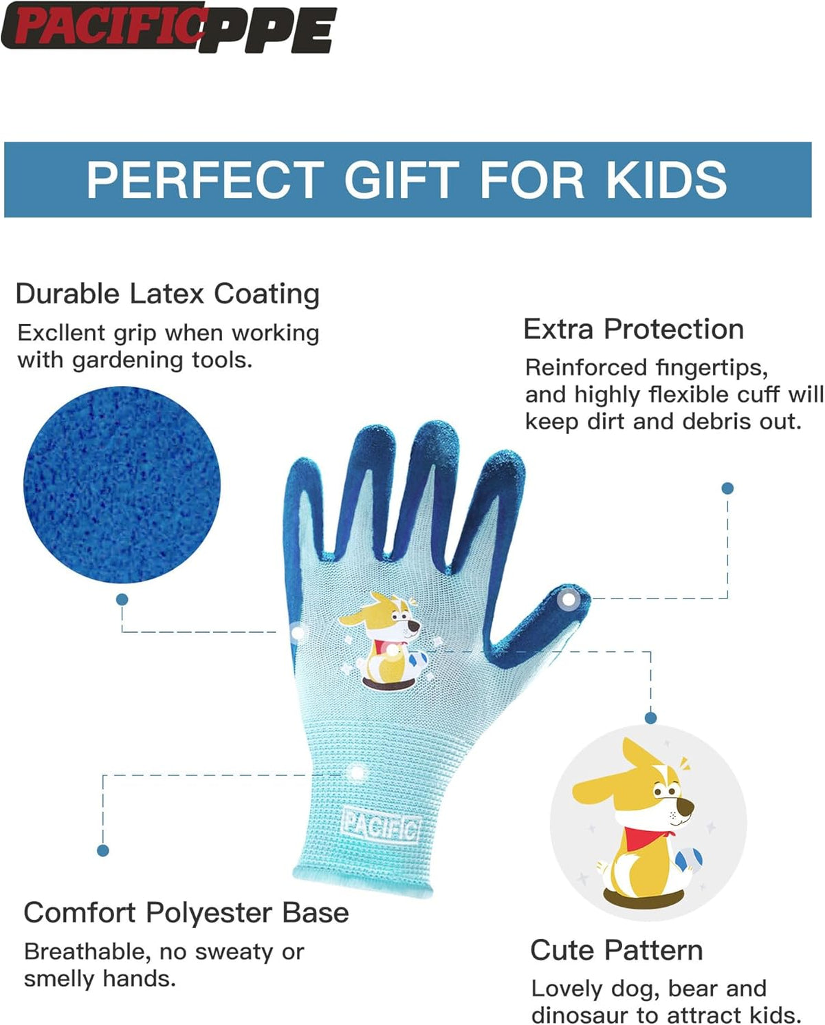 PACIFIC 3 Pairs Kids Gardening Gloves for Age 5-9, Toddler Rubber Coated Garden Gloves, Kids Work