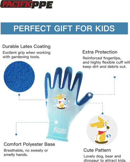 PACIFIC 3 Pairs Kids Gardening Gloves for Age 5-9, Toddler Rubber Coated Garden Gloves, Kids Work