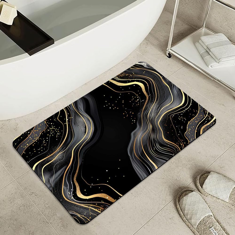 Bath Mat-Bathroom Rug，Black and Gold Abstract Marble-Absorbent Non Slip Quick Dry Stain Resistant