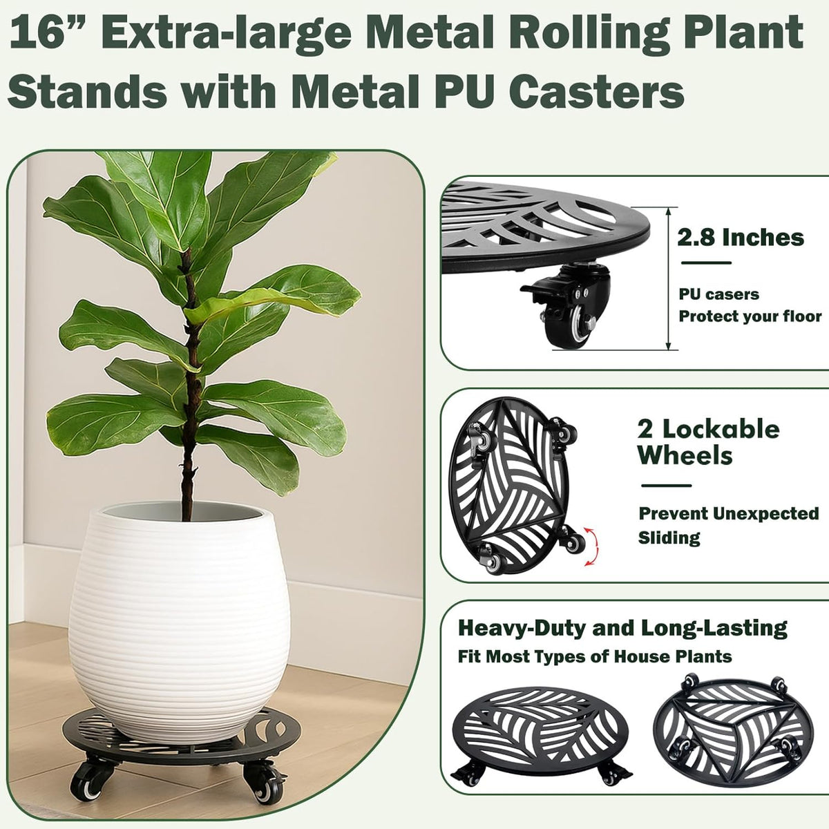 1 Pack 16 inches Extra-large Metal Plant Caddy with Wheels Heavy-duty Iron Rolling Plant Stand with