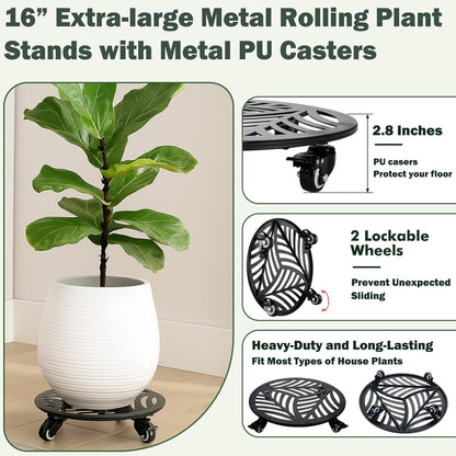 1 Pack 16 inches Extra-large Metal Plant Caddy with Wheels Heavy-duty Iron Rolling Plant Stand with