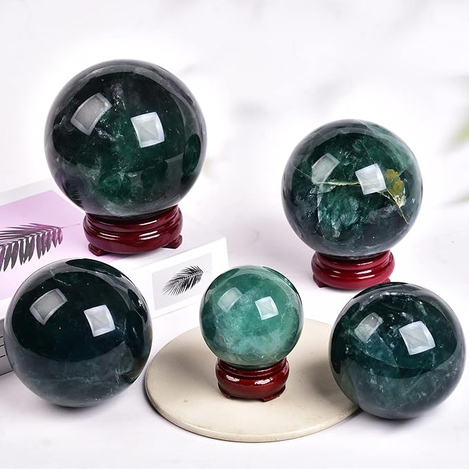 JIC Gem Large Healing Crystal Ball, Green Fluorite Crystal Sphere with Stand Crystal Decorative