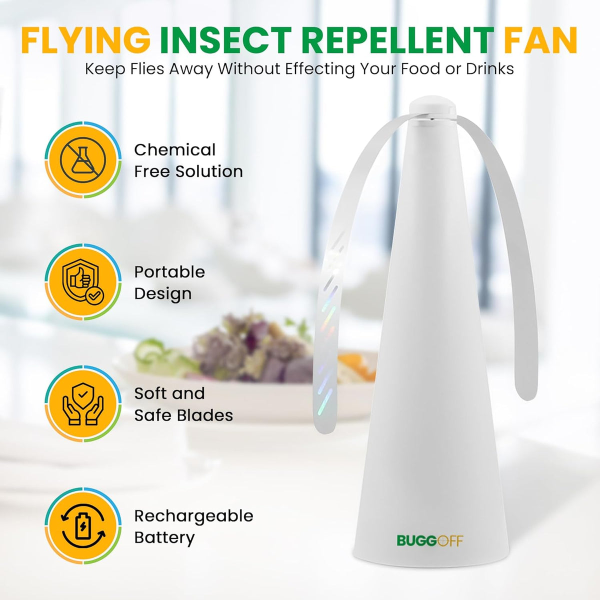 BUGGOFF White Fly & Flying Insect Repellent Fan with Twin Blades, Table top & Hangable, Battery