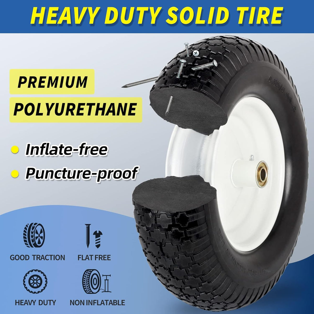 4.80/4.00-8" Flat-Free Tire and Wheel 16" Solid Wheelbarrow Tire, 6" Centered Hub, 5/8" Axle Bore
