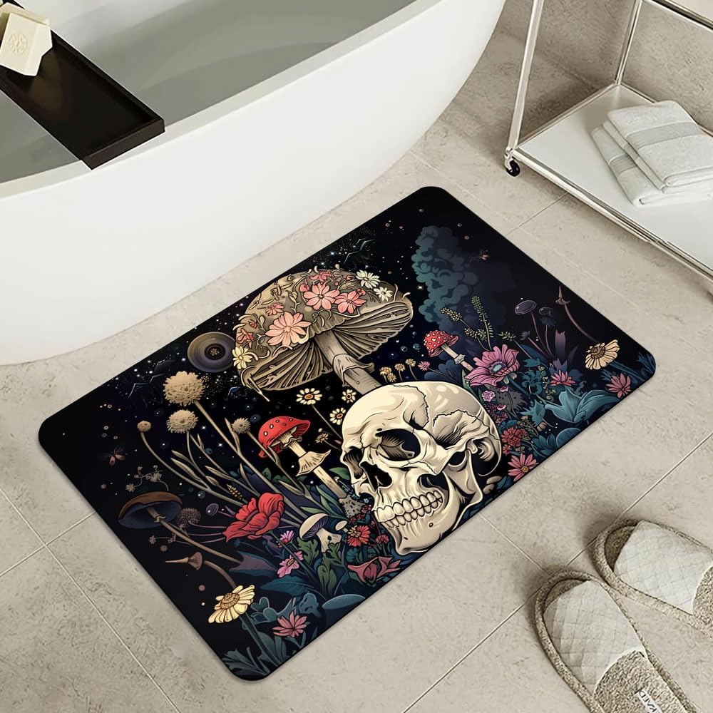 Bath Mat-Bathroom Rug，A Skull and Mushroom-Absorbent Non Slip Quick Dry Stain Resistant Easy to
