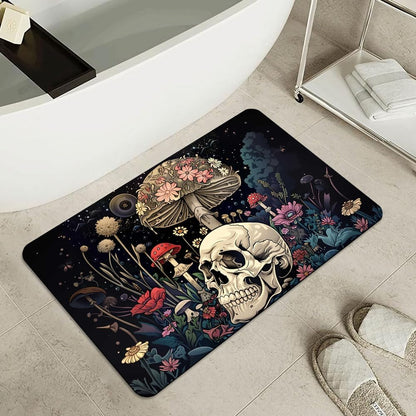 Bath Mat-Bathroom Rug，A Skull and Mushroom-Absorbent Non Slip Quick Dry Stain Resistant Easy to