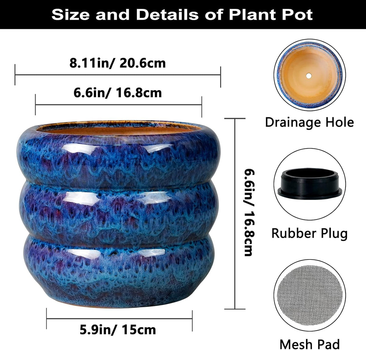 SQOWL Ceramic Planter Pot - 8 Inch Plant Pot Indoor with Drainage Hole Round Outdoor Pot for Plants