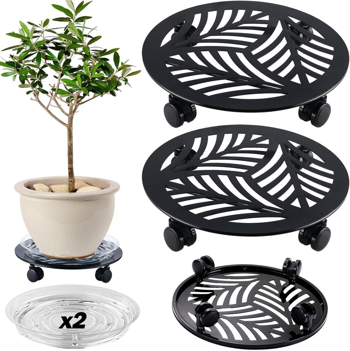 2 Packs Large Metal Plant Caddy with PU Wheels 13.6" Heavy-duty Wrought Iron Rolling Plant Stands