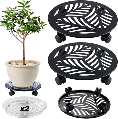 2 Packs Large Metal Plant Caddy with PU Wheels 13.6" Heavy-duty Wrought Iron Rolling Plant Stands