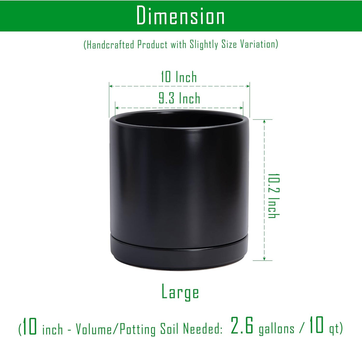 D'vine Dev 10 Inch Ceramic Planter Pot with Drainage Hole and Saucer, Indoor Cylinder Round Planter