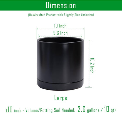 D'vine Dev 10 Inch Ceramic Planter Pot with Drainage Hole and Saucer, Indoor Cylinder Round Planter