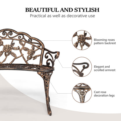 VINGLI 38.5" Patio Park Garden Outdoor Metal Rose Bench, 2-Person Cast Iron Cast Aluminium Frame