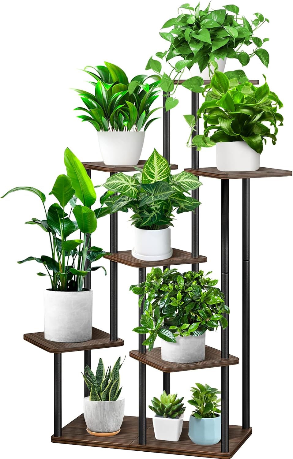 7 Tier Wood Tall Plant Stand Metal Rack Indoor, Multiple Flower Pot Holder Shelves Corner Rack