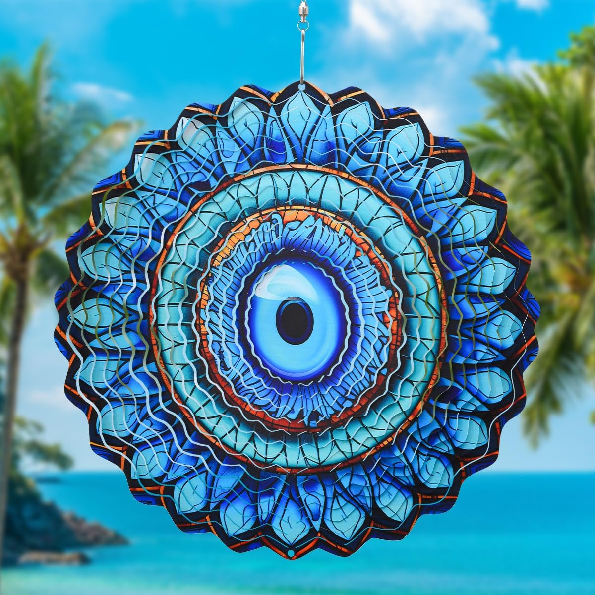 3D Wind Spinner Mandala 10 Inch Evil Eye Stainless Steel Wind Sculpture Blue Hanging Ornament Laser