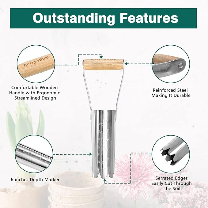 Berry&Bird Garden Bulb Planter with 6 inches Depth Mark, Garden Bulb Transplanter Tool with Wooden