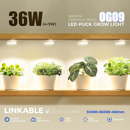 Barrina Orbgrow OG09 Puck LED Grow Light with 660nm Red LEDs, 36W(4 x 9W, 540 Watt Equiv), Plant