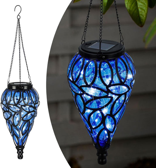 Solar Hanging Lantern Outdoor Lights, Tear-Shaped 15 LEDs Cool White Hanging Lights with S Hooks