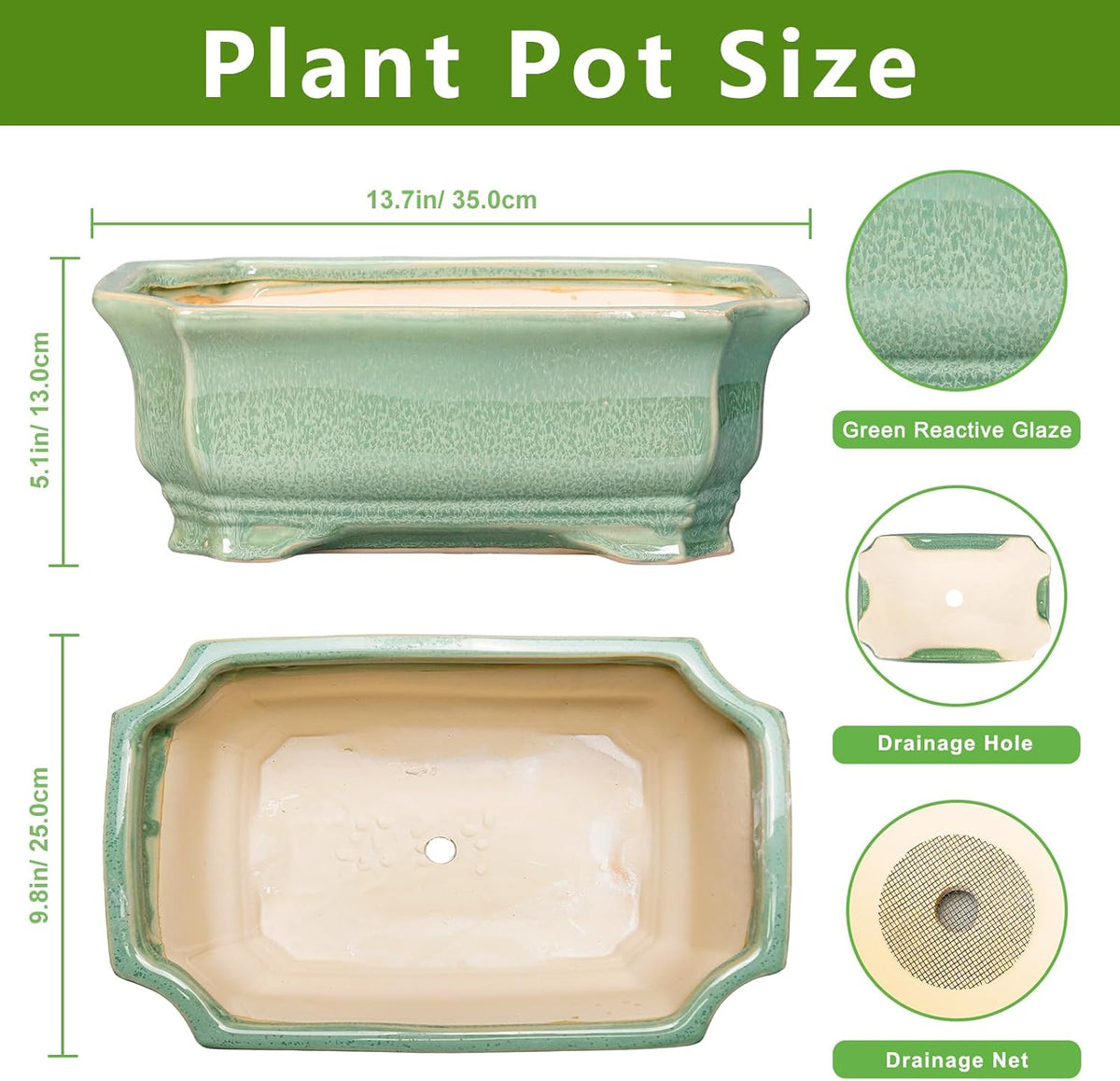 Bonsai Pots - 13.7 Inch Rectangle Ceramic Pots for Plants, Large Succulent Planter with Drainage