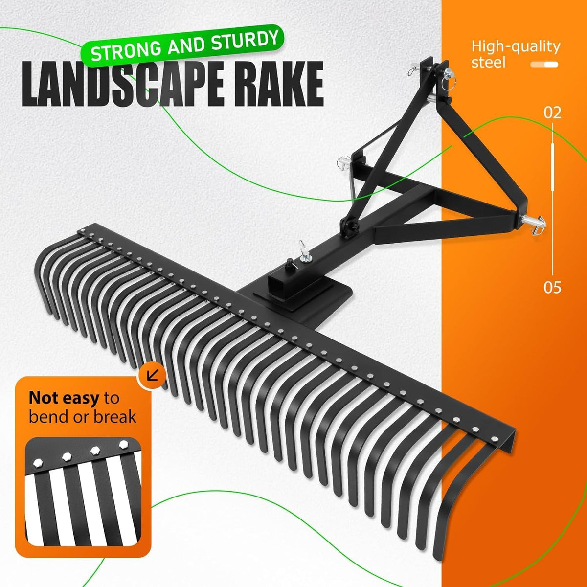 KUAFU 60" Landscape Rake, 3 Point Rake 360 Rotation Compatible with Category 1 Cat1 Compact