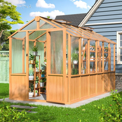6x12 FT Wooden Greenhouse for Outdoors, Walk-in Greenhouse with 6MM Thick Polycarbonate Panel and